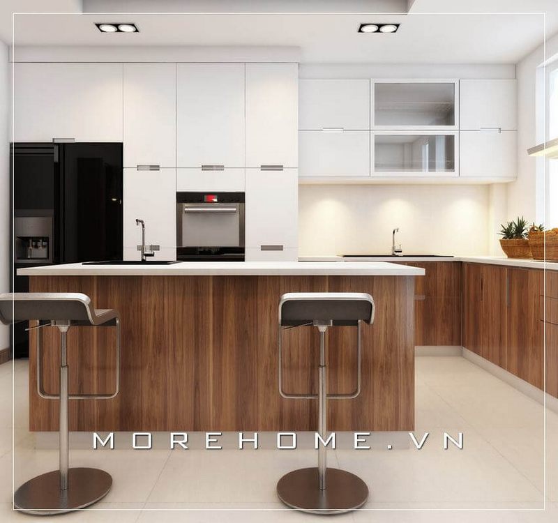 Mẫu tủ bếp gỗ công nghiệp màu trắng hiện đại cho phòng bếp chung cư