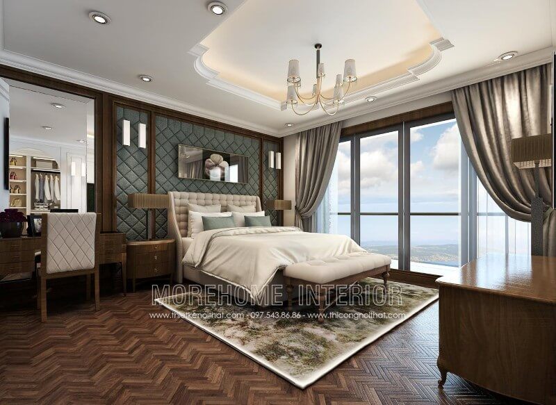 Thiết kế nội thất phòng ngủ chung cư đẹp với mẫu giường ngủ bọc da tinh tế 