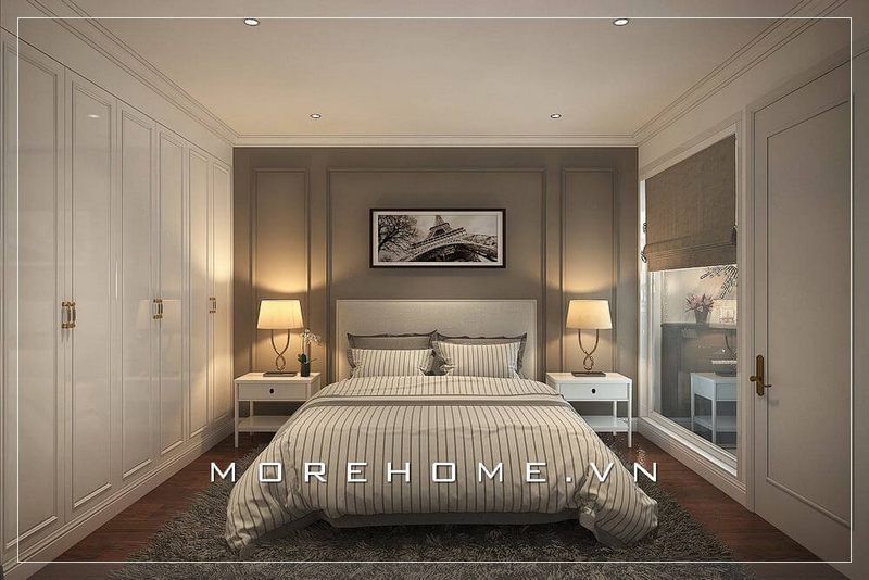 Mẫu thiết kế nội thất nhà phố hiện đại, tủ quần áo kích trần âm tường là giải pháp hiệu quả được sử dụng cho không gian phòng ngủ nhỏ